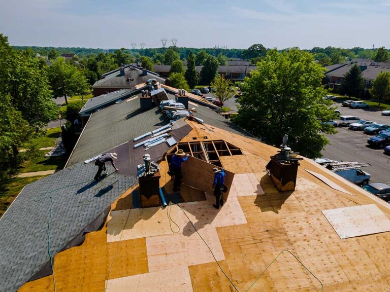 A person examining residential roof shingles and flashing with a ladder and clipboard on a sunny day.
