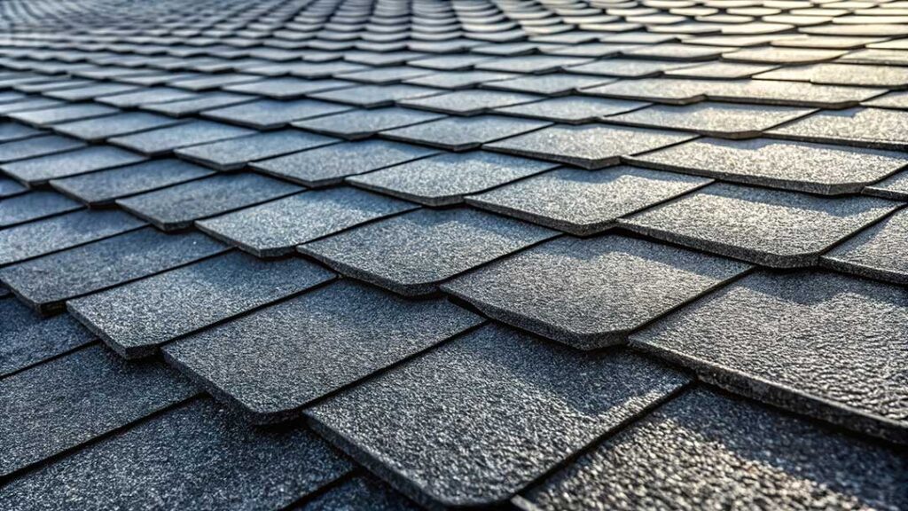 A person visually inspecting shingles for curling and discoloration on a residential roof.
