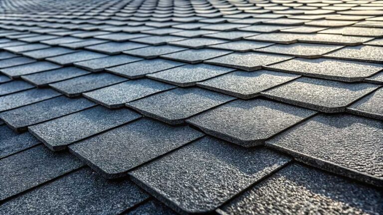 A person visually inspecting shingles for curling and discoloration on a residential roof.
