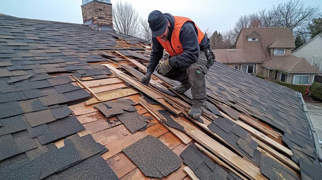 A close-up of different roofing materials on homes under sunlight, showing textures and colors of shingle, metal, and tile roofs.