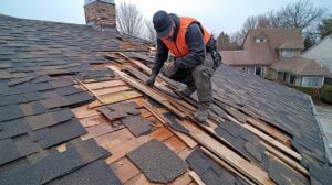 A close-up of different roofing materials on homes under sunlight, showing textures and colors of shingle, metal, and tile roofs.